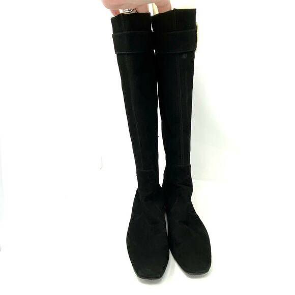 Tory Burch Black Suede Knee-High Riding Boots 7.5 Gold Logo Detail - Picture 2 of 9